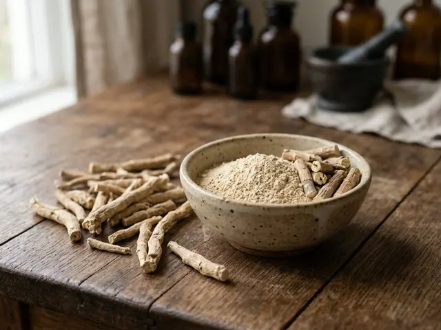 Ashwagandha – Getrocknete Wurzelstücke und Pulverextrakt