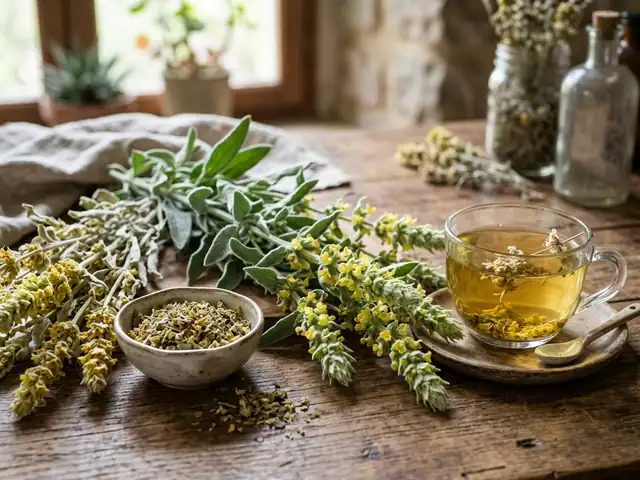 Mountain tea – Dried flowering Sideritis stems and a cup of brewed herbal tea