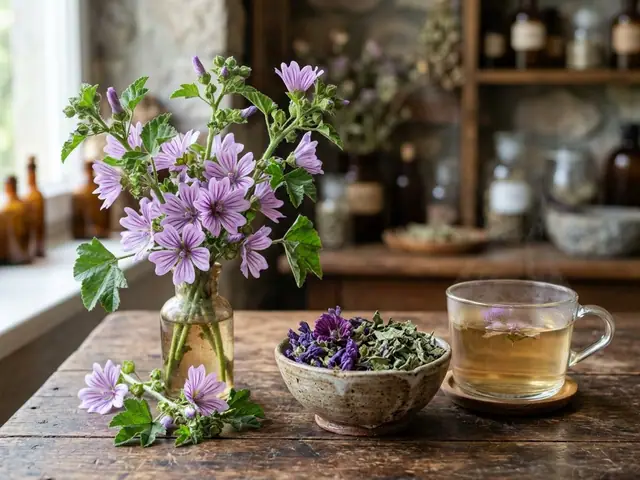 Common mallow – Dried purple flowers, green leaves, and a cup of infused herbal tea